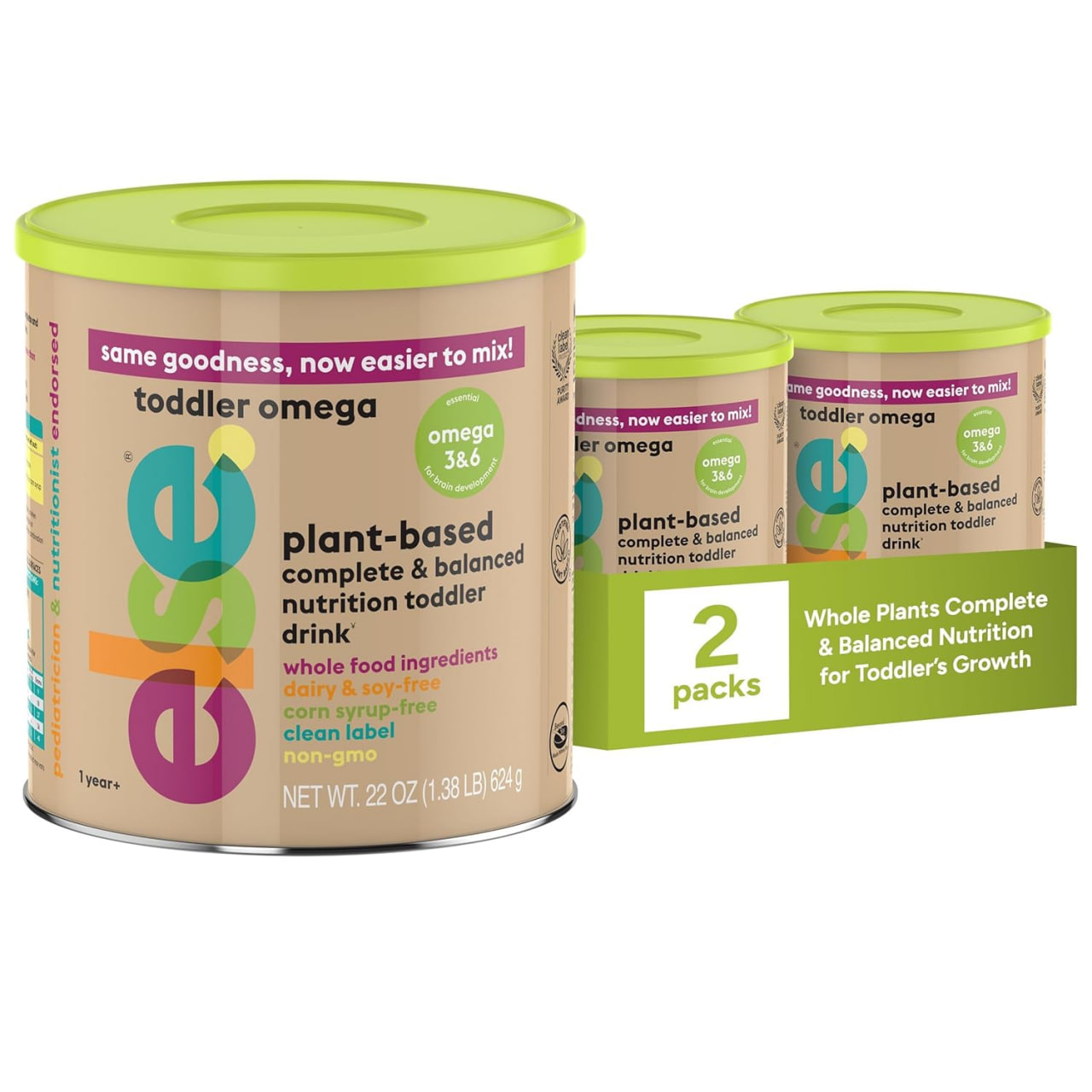 Else 幼儿配方奶粉 12-36 个月 – 植物基、无乳制品、无乳糖婴儿配方奶粉 – 无乳制品配方，富含 Omega 3 和 6，促进大脑发育 – 大豆配方奶粉替代品，（22 盎司，2 包）