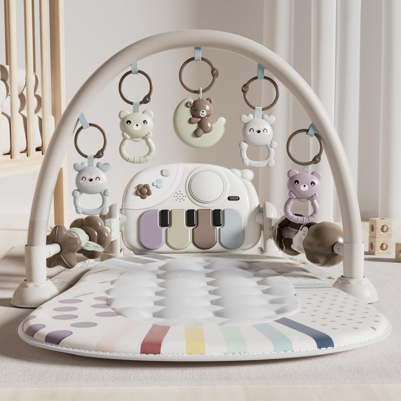 婴儿游戏垫，婴儿玩具，婴儿健身架，趴卧游戏钢琴活动垫，配有 5 个婴儿感官玩具，音乐和灯光，适合 0-3、6-9、11、12 个月的婴儿和幼儿，是送给新生儿的礼物。